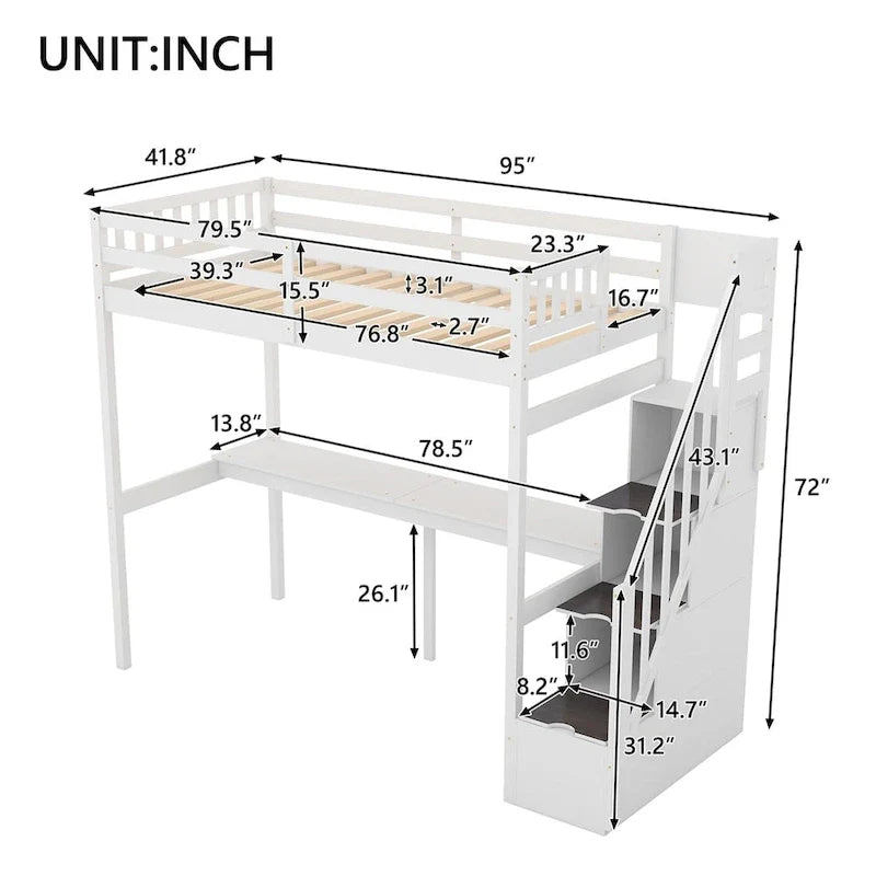 Lit mezzanine Merax taille jumeau avec escalier et bureau intégré