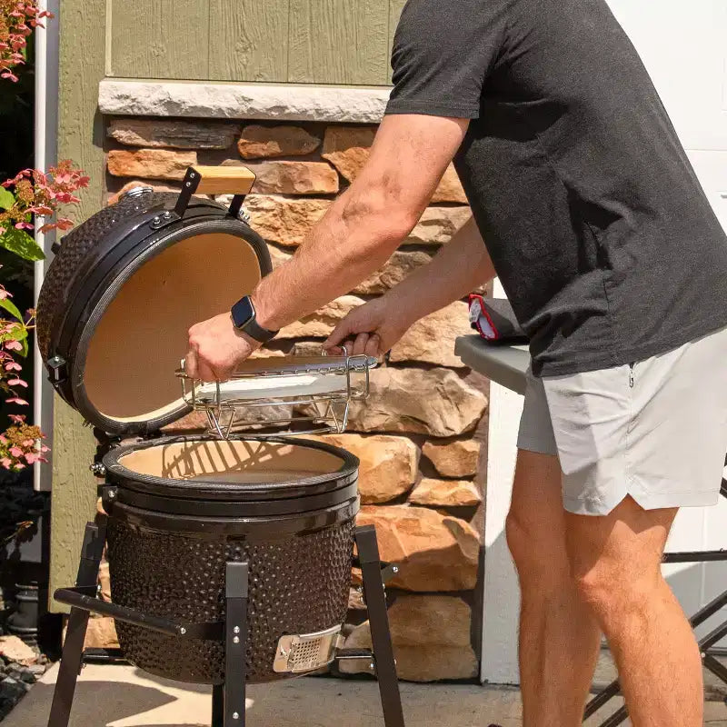 Sunnydaze Grille de cuisson demi-lune avec plaque déflectrice en céramique pour barbecues Kamado Egg 15" - 12,5"