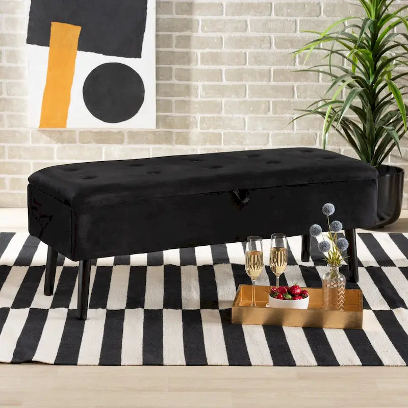 Banc de rangement Caine moderne et contemporain en velours et bois