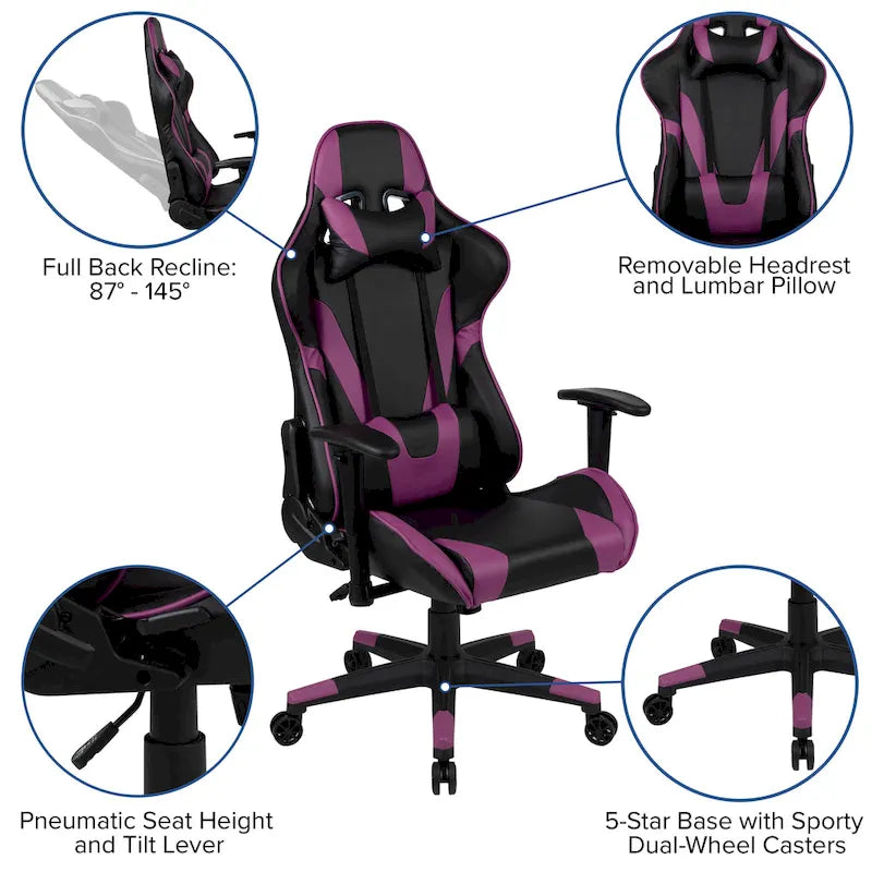 Chaise ergonomique de gaming racing avec dossier entièrement inclinable en LeatherSoft rouge