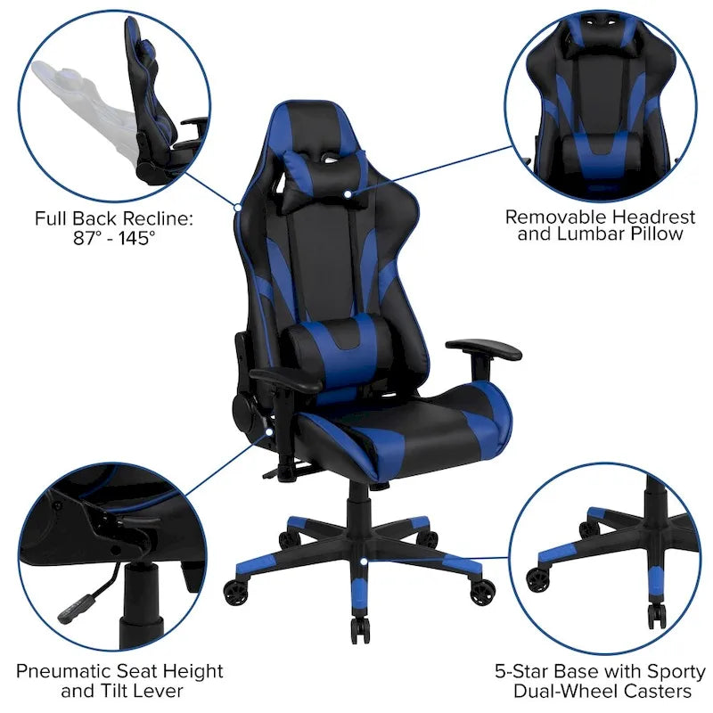 Chaise ergonomique de gaming racing avec dossier entièrement inclinable en LeatherSoft rouge