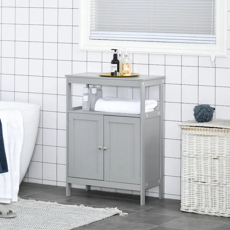 Meuble de rangement de salle de bain autoportant moderne kleankin, avec portes et étagère ouverte, meuble organisateur de salle de bain, gris