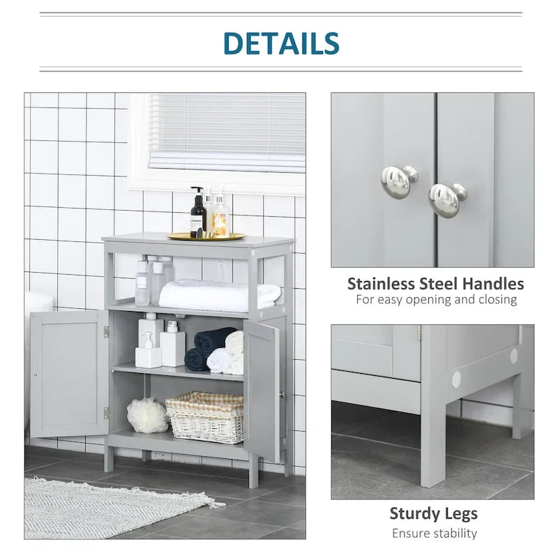 Meuble de rangement de salle de bain autoportant moderne kleankin, avec portes et étagère ouverte, meuble organisateur de salle de bain, gris