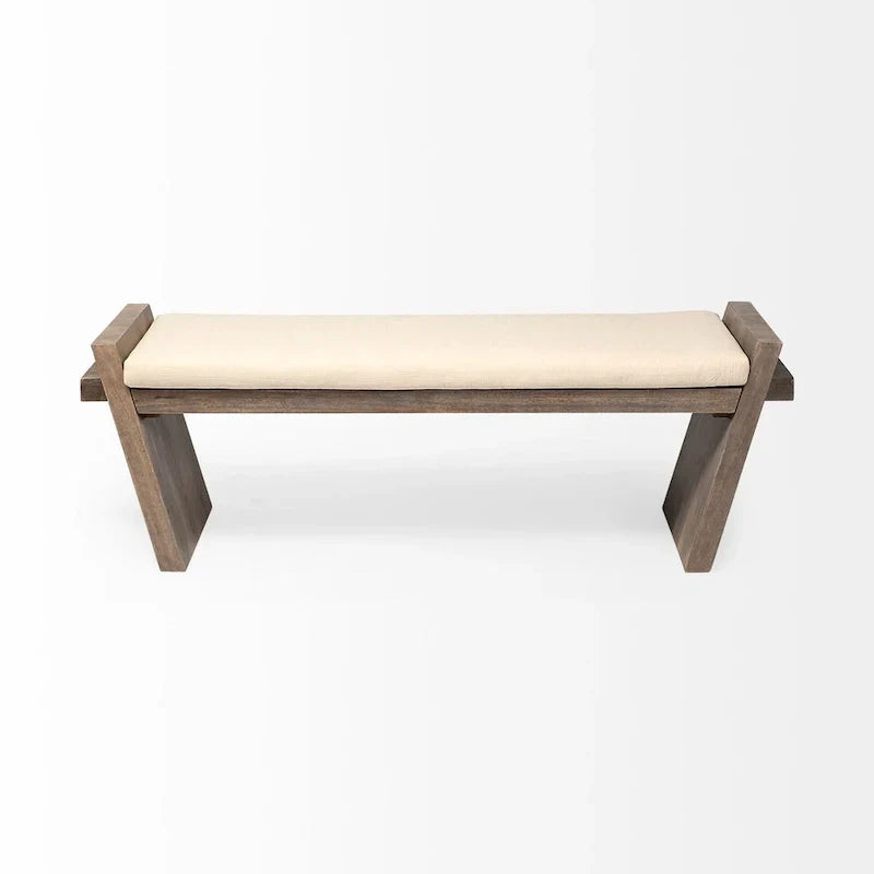 Banc d'entrée Elaine en tissu crème avec cadre en bois brun - 58 l. x 15 p. x 20 h.