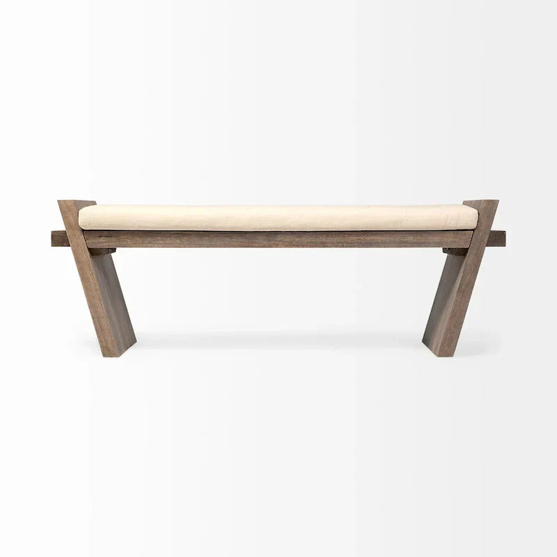 Banc d'entrée Elaine en tissu crème avec cadre en bois brun - 58 l. x 15 p. x 20 h.