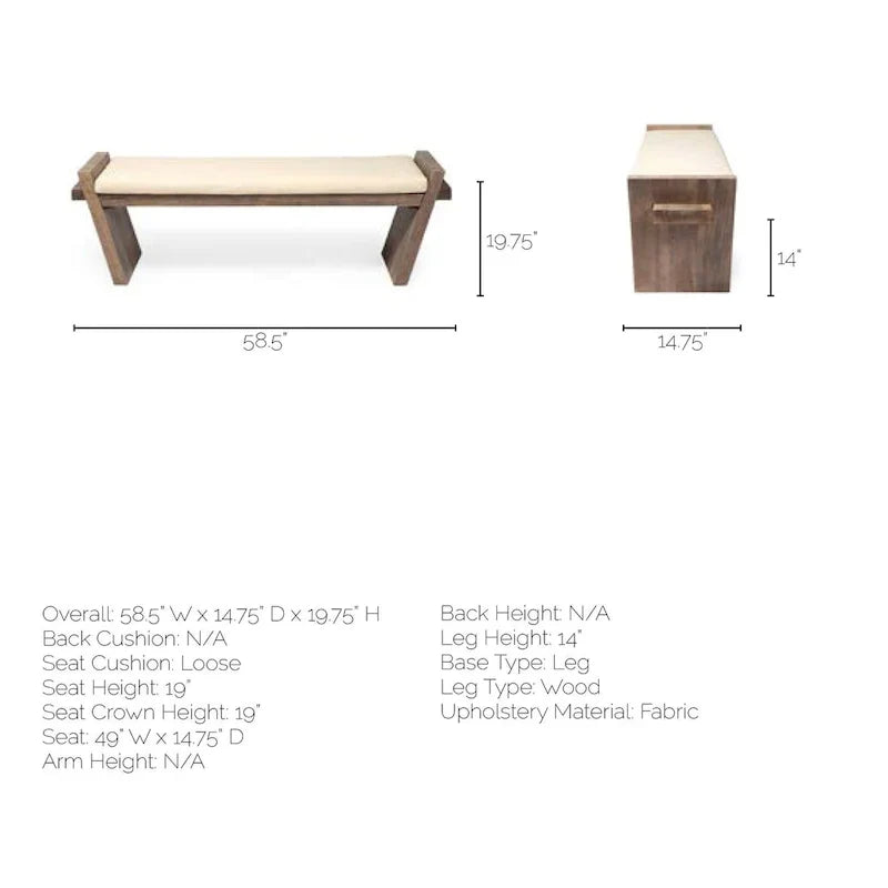 Banc d'entrée Elaine en tissu crème avec cadre en bois brun - 58 l. x 15 p. x 20 h.
