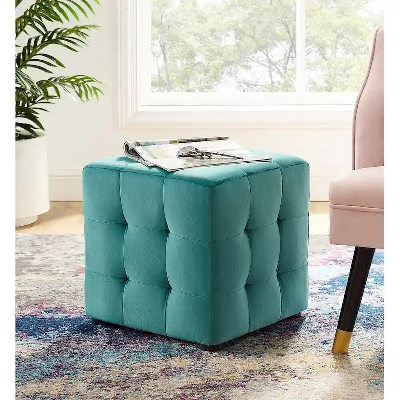 Pouf Cube Rembourré en Velours Tufté Harmony Bleu Canard