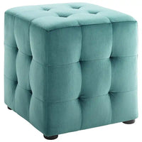 Pouf Cube Rembourré en Velours Tufté Harmony Bleu Canard