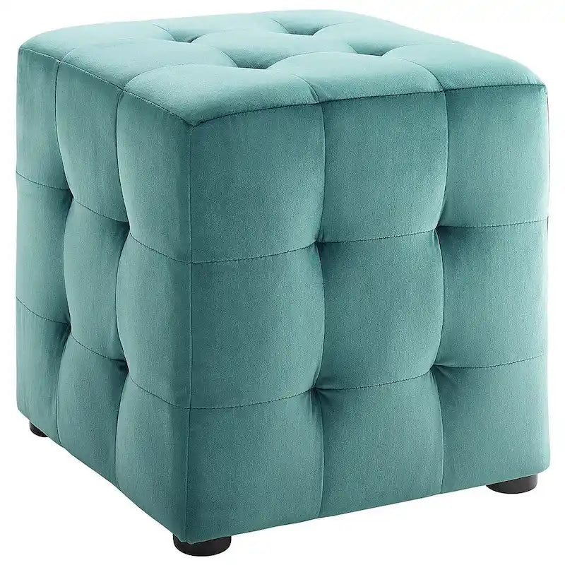 Pouf Cube Rembourré en Velours Tufté Harmony Bleu Canard