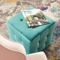 Pouf Cube Rembourré en Velours Tufté Harmony Bleu Canard