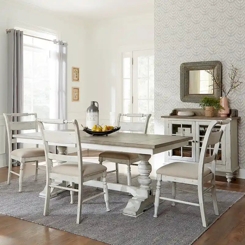 Ensemble de table à tréteaux 5 pièces gris patiné Whitney en lin ancien