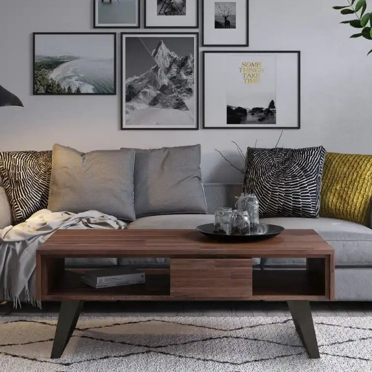 Table basse moderne rectangulaire WYNDENHALL Mitchell en BOIS MASSIF et métal, 48 pouces de large - 48 L x 22 P x 18 H
