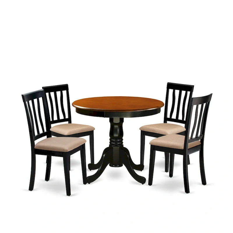 East West Furniture - Ensemble de table à manger 5 pièces - une table de cuisine ronde et 4 chaises de salle à manger, noir et cerisier (options d'assise)