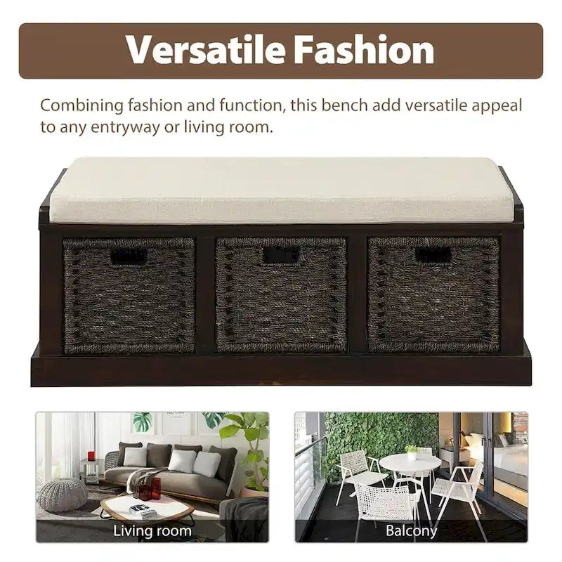 Banc de rangement d'entrée Merax avec 3 paniers amovibles et coussin
