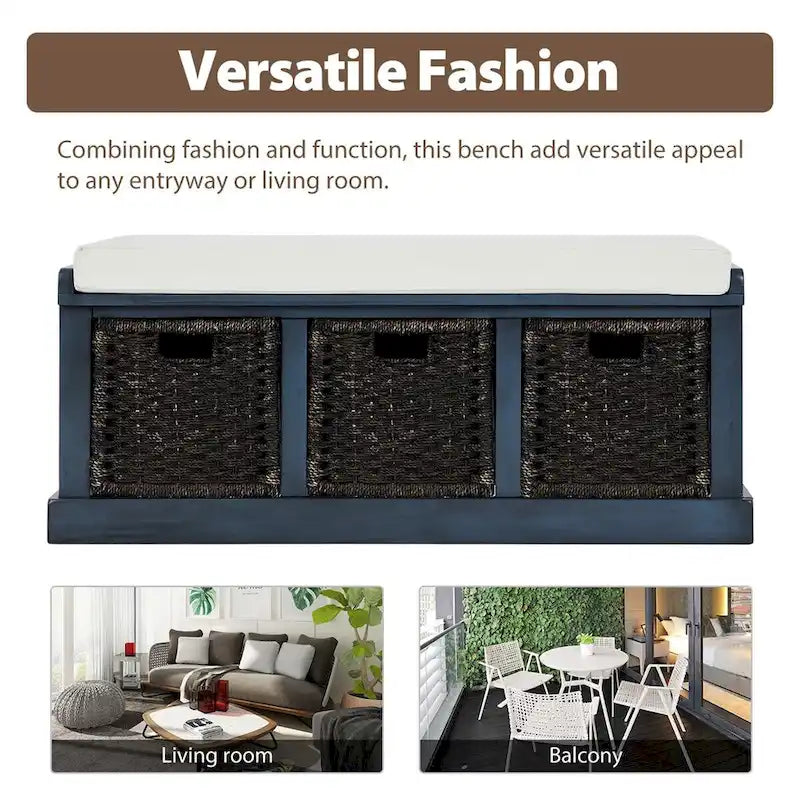 Banc de rangement d'entrée Merax avec 3 paniers amovibles et coussin