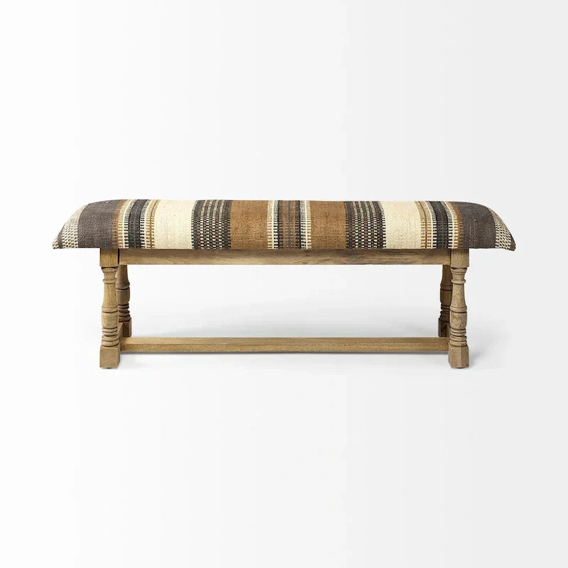 Banc d'appoint Greenfield I en jute à motifs marron et beige avec cadre en bois - 59W x 14.3D x 19H
