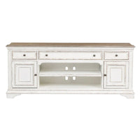 Meuble TV de divertissement Magnolia Manor blanc antique et écorce vieillie - 73 po de large