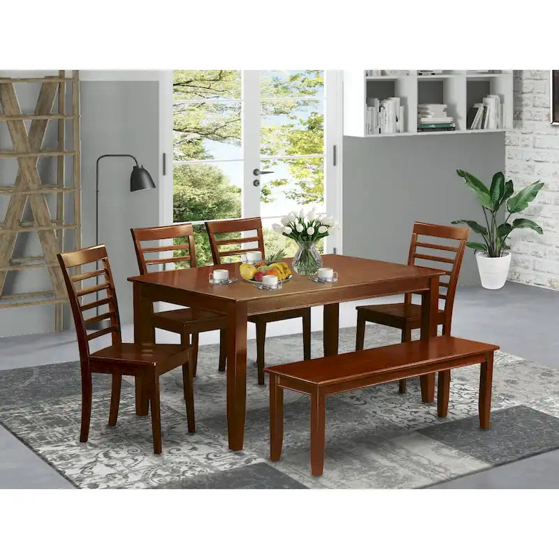 Ensemble de salle à manger East West Furniture 6 pièces - une table à manger avec 4 chaises de cuisine plus un banc - finition acajou (option de type d'assise)