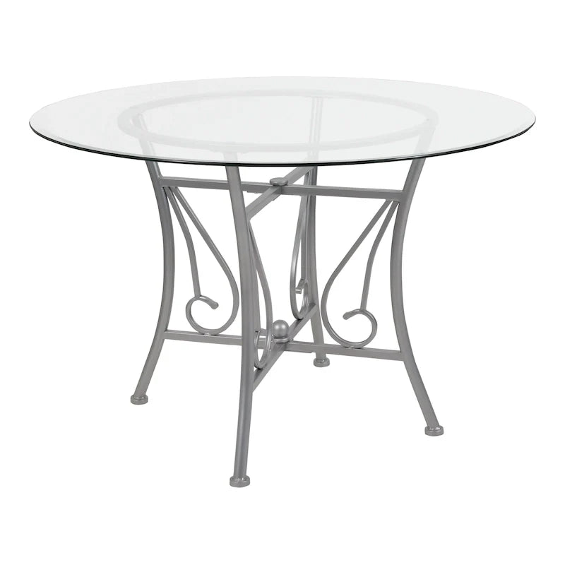 Table à manger ronde en verre de 45 po avec accents en spirale et cadre en métal mat - 45 larg. x 45 prof. x 29 haut. - 45 larg. x 45 prof. x 29 haut.