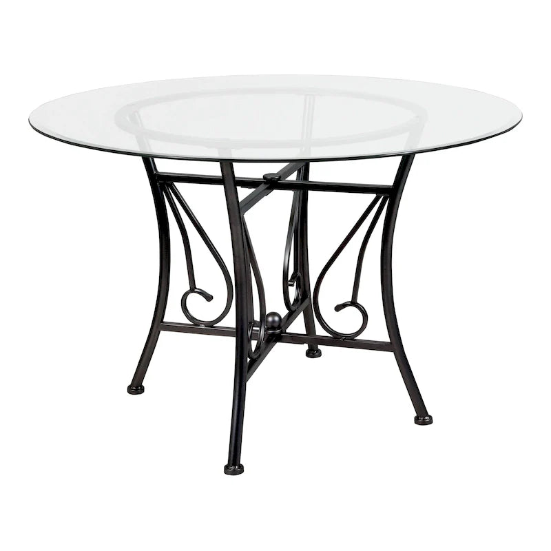 Table à manger ronde en verre 45 po avec accent courbé et cadre en métal mat - 45 l x 45 P x 29 H - 45 l x 45 P x 29 H