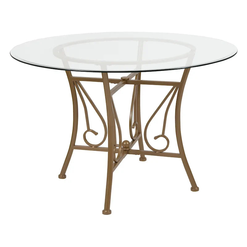 Table à manger ronde en verre 45 po avec accent courbé et cadre en métal mat - 45 l x 45 P x 29 H - 45 l x 45 P x 29 H