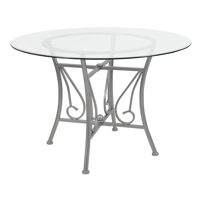 Table à manger ronde en verre 45 po avec accent courbé et cadre en métal mat - 45 l x 45 P x 29 H - 45 l x 45 P x 29 H