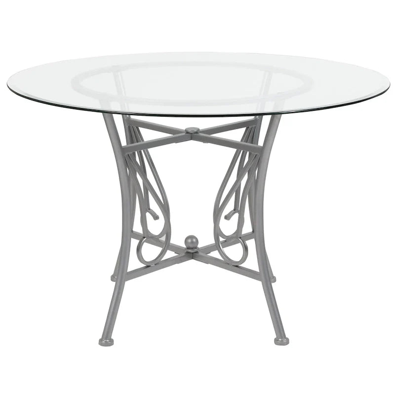 Table à manger ronde en verre 45 po avec accent courbé et cadre en métal mat - 45 l x 45 P x 29 H - 45 l x 45 P x 29 H