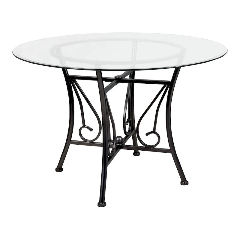 Table à manger ronde en verre 45 po avec accent courbé et cadre en métal mat - 45 l x 45 P x 29 H - 45 l x 45 P x 29 H