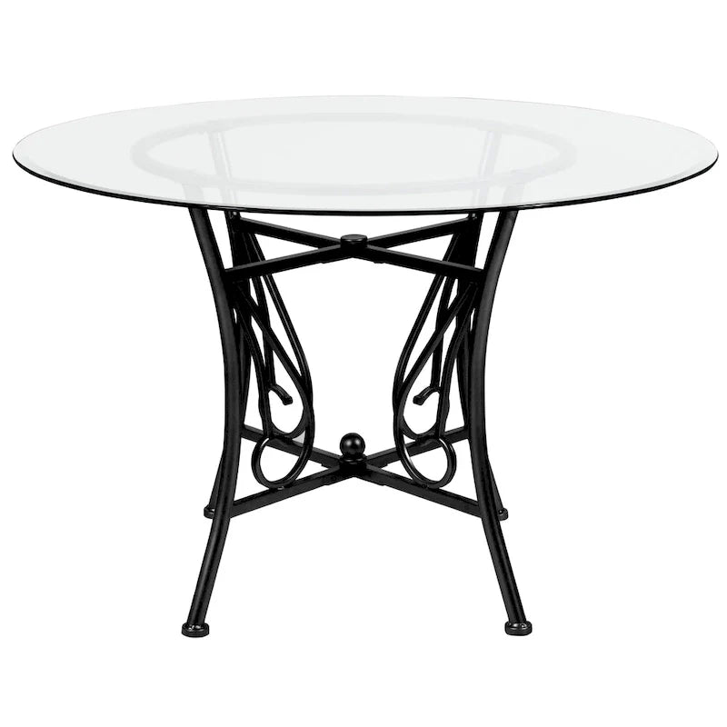 Table à manger ronde en verre 45 po avec accent courbé et cadre en métal mat - 45 l x 45 P x 29 H - 45 l x 45 P x 29 H