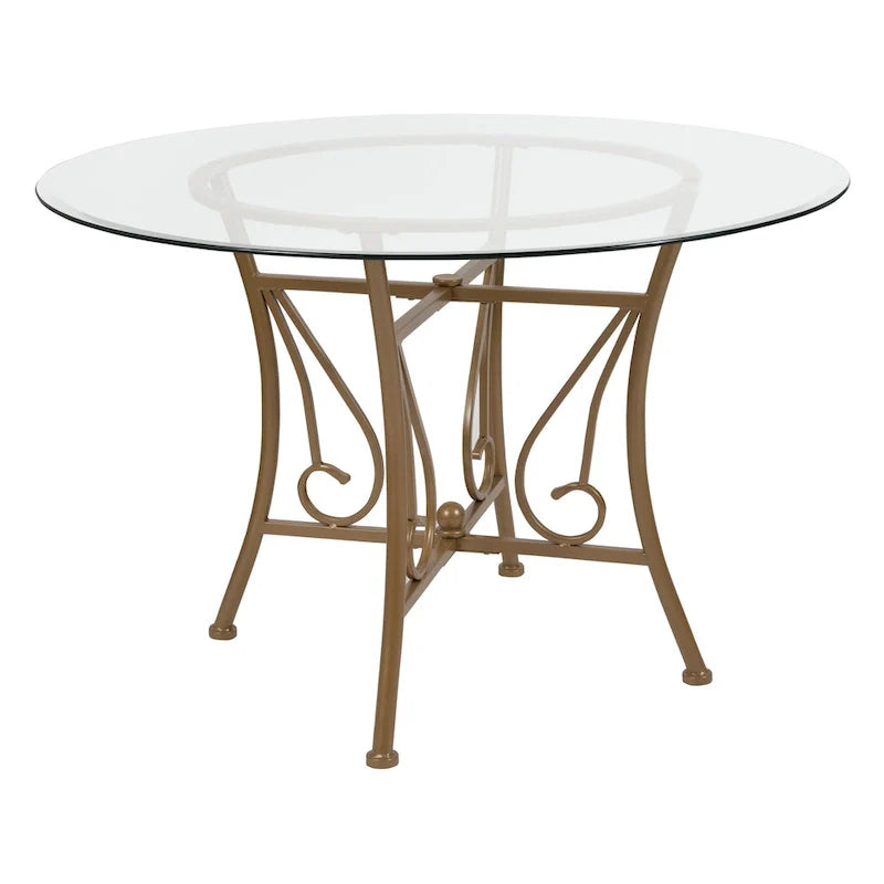 Table à manger ronde en verre 45 po avec accent courbé et cadre en métal mat - 45 l x 45 P x 29 H - 45 l x 45 P x 29 H