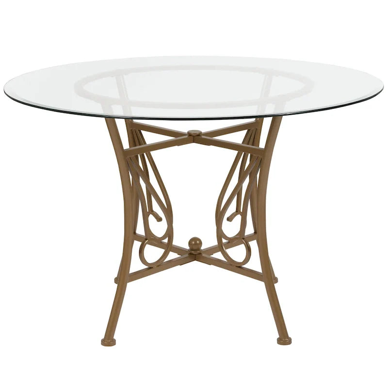 Table à manger ronde en verre de 45 po avec accents en spirale et cadre en métal mat - 45 larg. x 45 prof. x 29 haut. - 45 larg. x 45 prof. x 29 haut.
