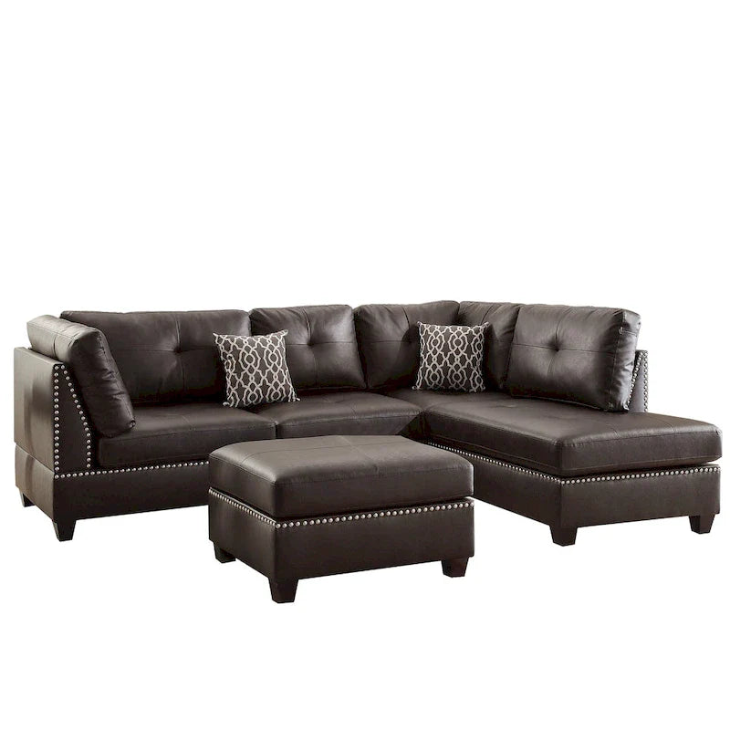 Ensemble sectionnel 3 pièces en cuir reconstitué moelleux, brun