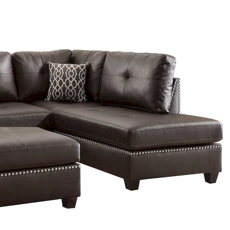 Ensemble sectionnel 3 pièces en cuir reconstitué moelleux, brun