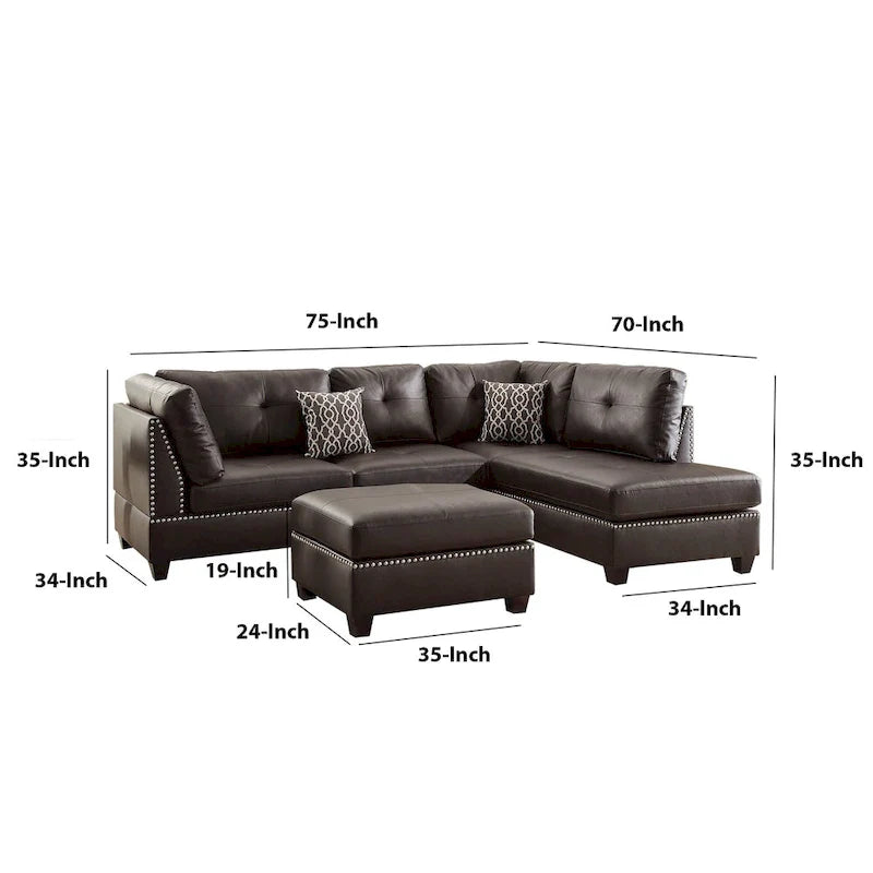 Ensemble sectionnel 3 pièces en cuir reconstitué moelleux, brun