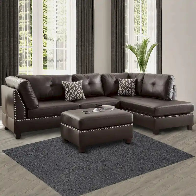 Ensemble sectionnel 3 pièces en cuir reconstitué moelleux, brun