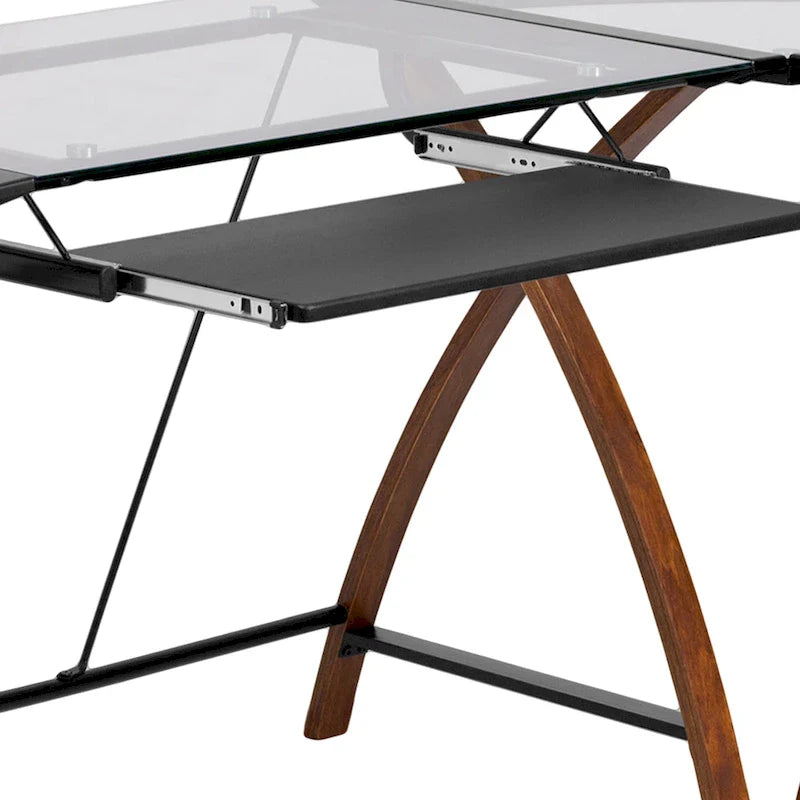 Bureau informatique d'angle en verre en forme de L avec tablette à clavier coulissante