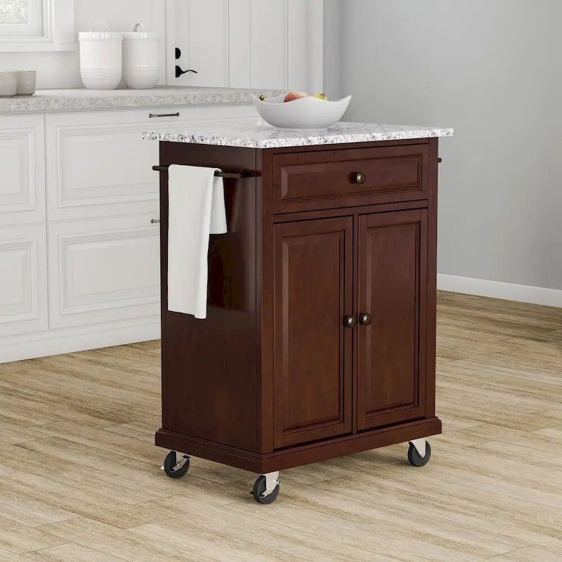 Crosley Chariot et îlot de cuisine compacts vintage en acajou avec plateau en granit massif – 31 larg. x 18 prof. x 35,5 haut.