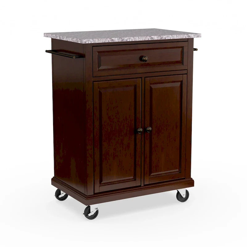 Crosley Chariot et îlot de cuisine compacts vintage en acajou avec plateau en granit massif – 31 larg. x 18 prof. x 35,5 haut.