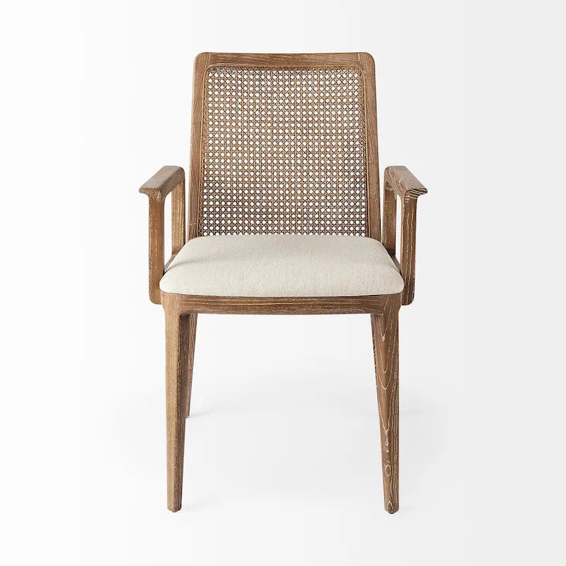 Chaise de salle à manger Clara à assise en tissu crème, dossier cannage et structure en bois massif brun clair