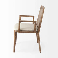 Chaise de salle à manger Clara à assise en tissu crème, dossier cannage et structure en bois massif brun clair