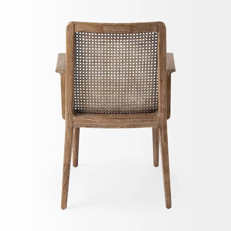 Chaise de salle à manger Clara à assise en tissu crème, dossier cannage et structure en bois massif brun clair
