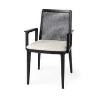 Chaise de salle à manger Clara à assise en tissu crème, dossier cannage et structure en bois massif brun clair