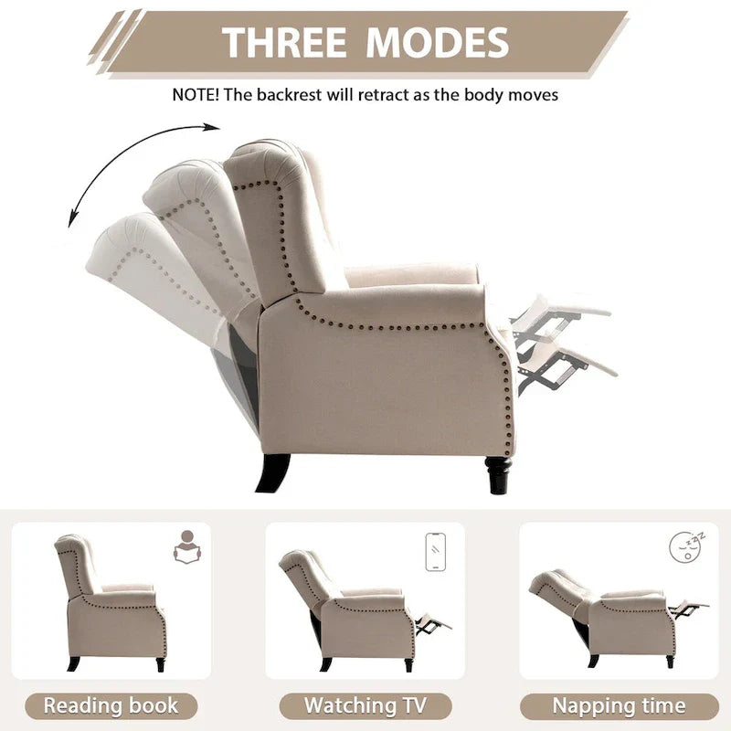 Fauteuil Inclinable à Dossier Poussé avec Dossier Capitonné et Pieds en Bois