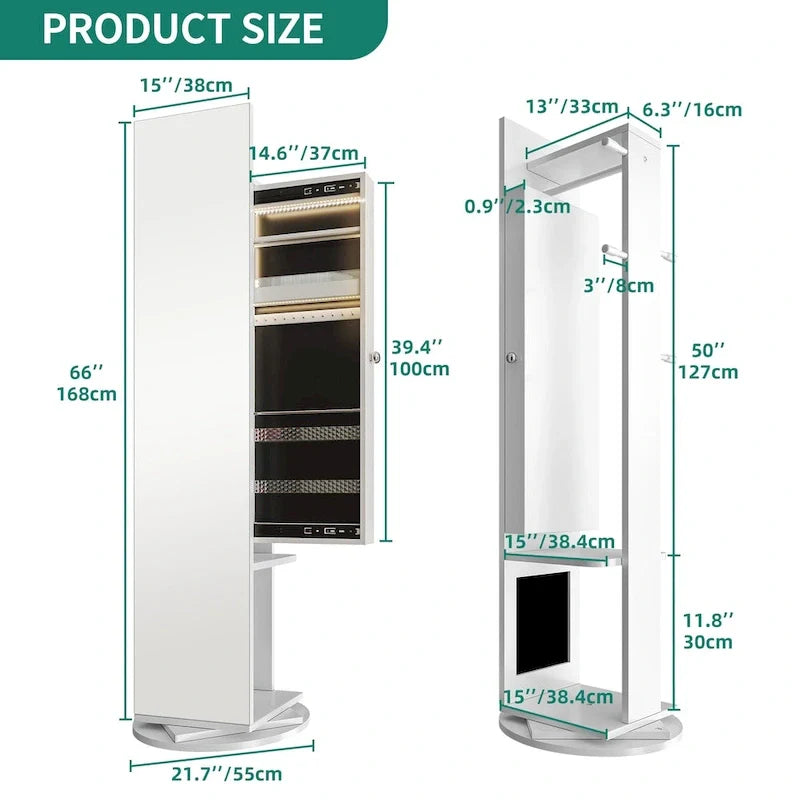 Armoire à bijoux Moasis 66 pouces de haut avec miroir pleine longueur, meuble sur pied verrouillable