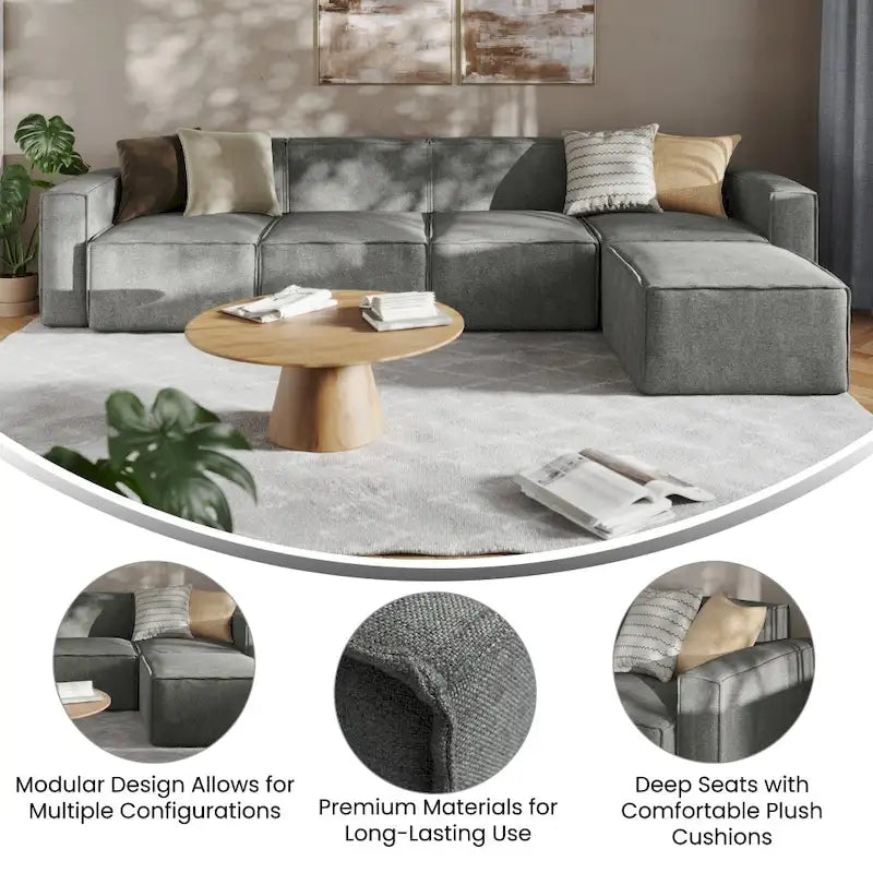 Canapé sectionnel modulaire contemporain 5 pièces avec pouf