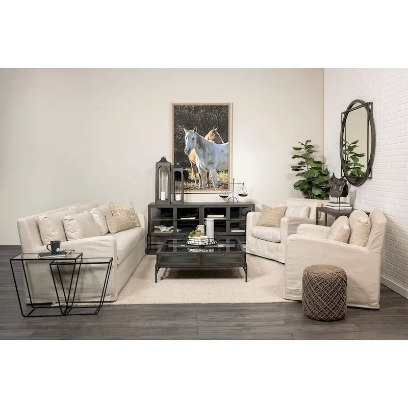 Canapé déhoussable en tissu beige Denly avec coussins de dossier à double empilement - 92,5 larg. x 38,2 prof. x 34,5 haut.