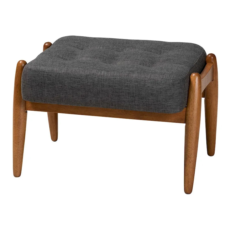 Repose-pieds ottoman Jeanine Japandi en tissu gris foncé et bois finition noyer