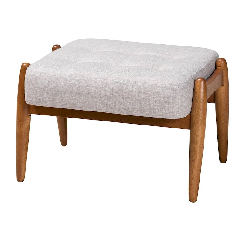 Repose-pieds ottoman Jeanine Japandi en tissu gris foncé et bois finition noyer