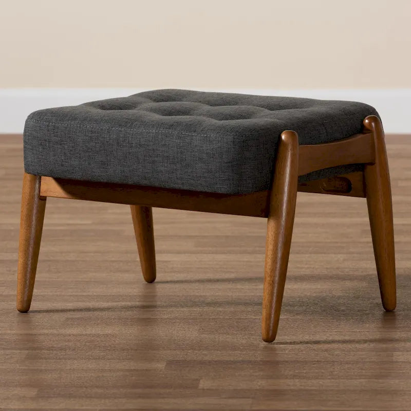 Repose-pieds ottoman Jeanine Japandi en tissu gris foncé et bois finition noyer
