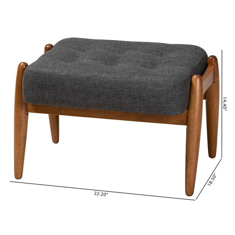Repose-pieds ottoman Jeanine Japandi en tissu gris foncé et bois finition noyer